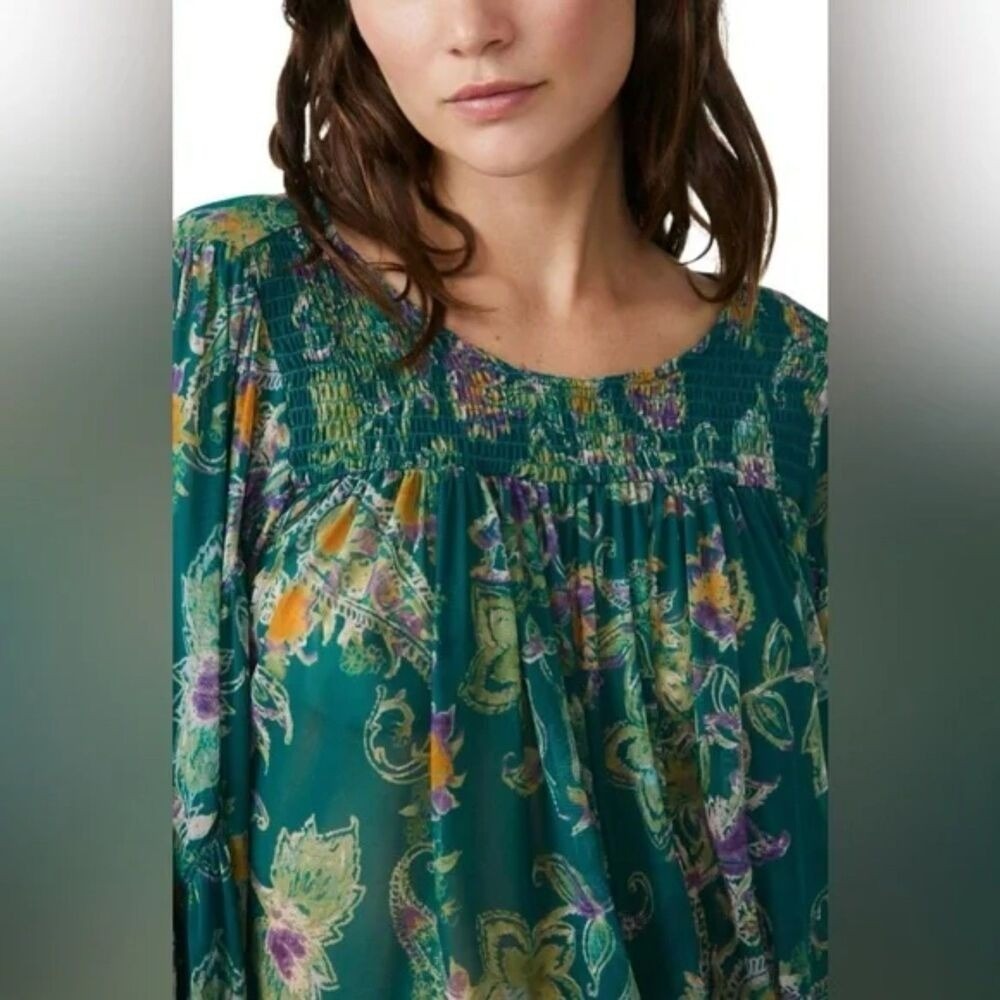 Free People Emerald Floral Sheer Tie Back Crop Top Boho Festival Blouse Sz M NWT - Picture 5 of 6